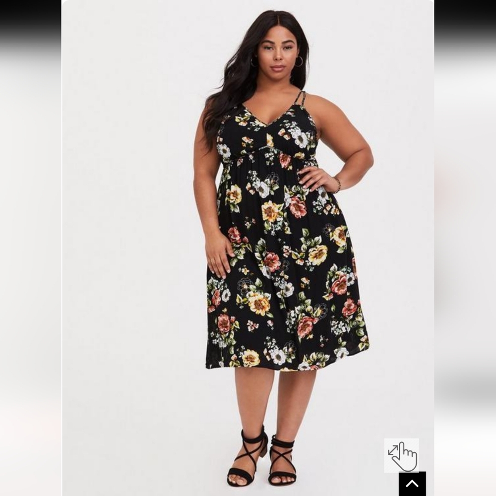 Torrid Plus 1x Black Floral Midi Dress Sleeveless Crepe Mixed Print